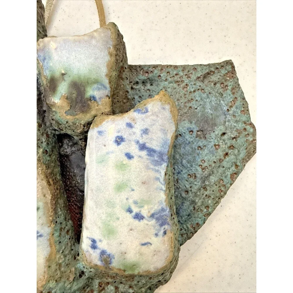 Art Pottery Wall Triple Pocket Hand Made Blue Green Speckle Neutral 9” X 9.75”